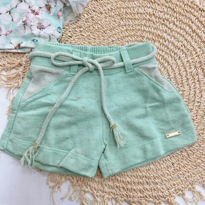  Inverno 2025 - Conj. Blusa Floral com Babado e Short em Linho - Verde